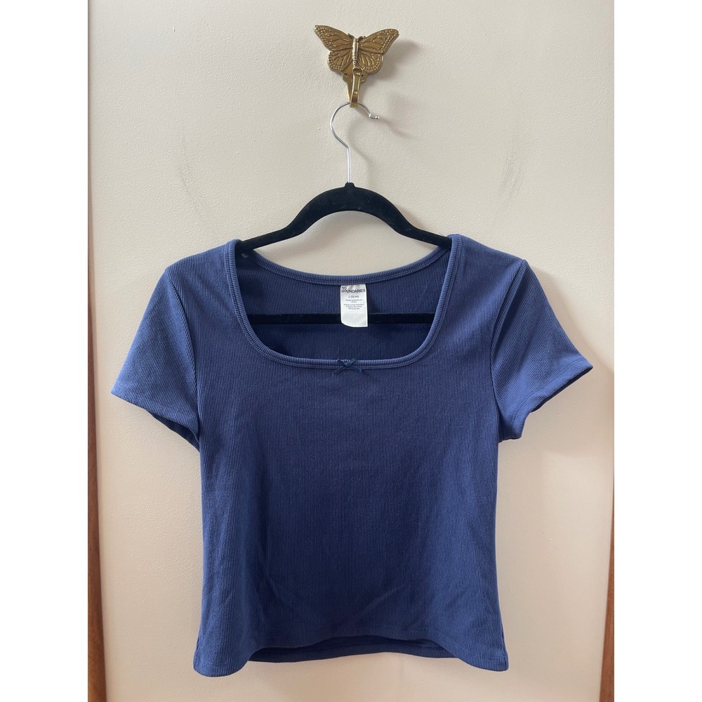 No Boundaries Ribbed Top Womens L 12-14 Blue Square Neck Bow Accent